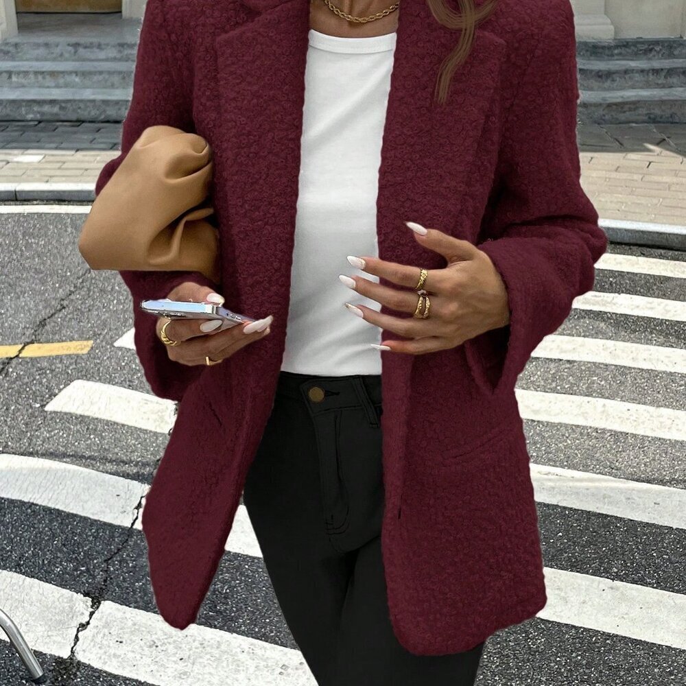Burgundy Casual Women's Textured Notched Collar Blazer Jacket - Picture 3 of 7